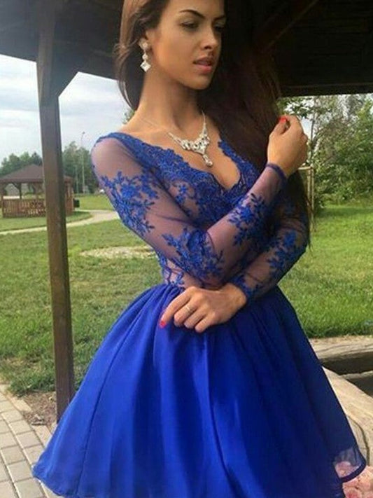 A-Line/Princess Chiffon V-neck Celia Applique Long Sleeves Homecoming Dresses Short/Mini Dresses