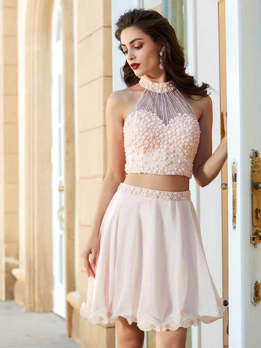 A-Line/Princess Halter Beading Sleeveless Amya Chiffon Short/Mini Homecoming Dresses Two Piece Dresses