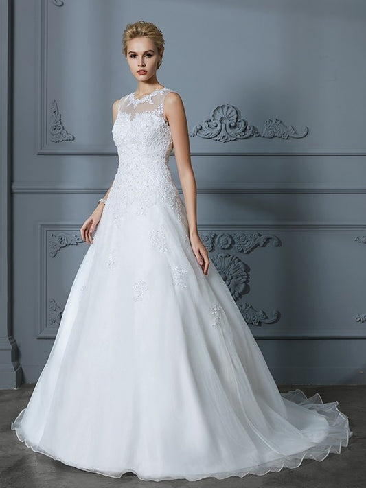 Train Ball Court Scoop Gown Sleeveless Organza Applique Wedding Dresses