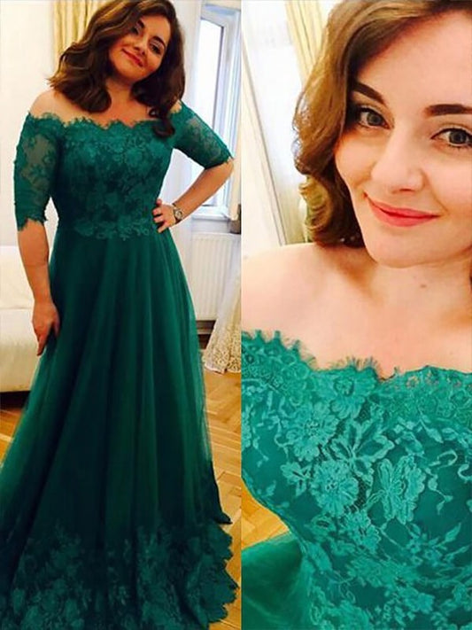 Tulle Floor-Length Off-the-Shoulder A-Line/Princess Applique Sleeves Short Plus Size Dresses