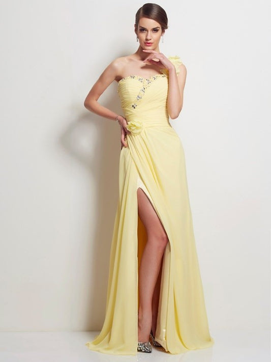 One-Shoulder Sleeveless A-Line/Princess Beading Long Chiffon Dresses