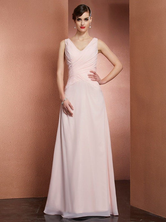 Pleats A-Line/Princess Sleeveless V-neck Long Chiffon Dresses