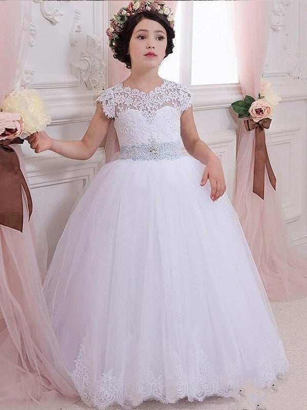 Floor-Length Ball Sleeveless Sash/Ribbon/Belt Scoop Gown Tulle Flower Girl Dresses