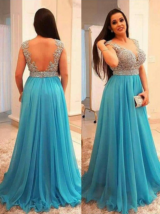 Chiffon V-neck Beading Sleeveless A-Line/Princess Floor-Length Plus Size Dresses