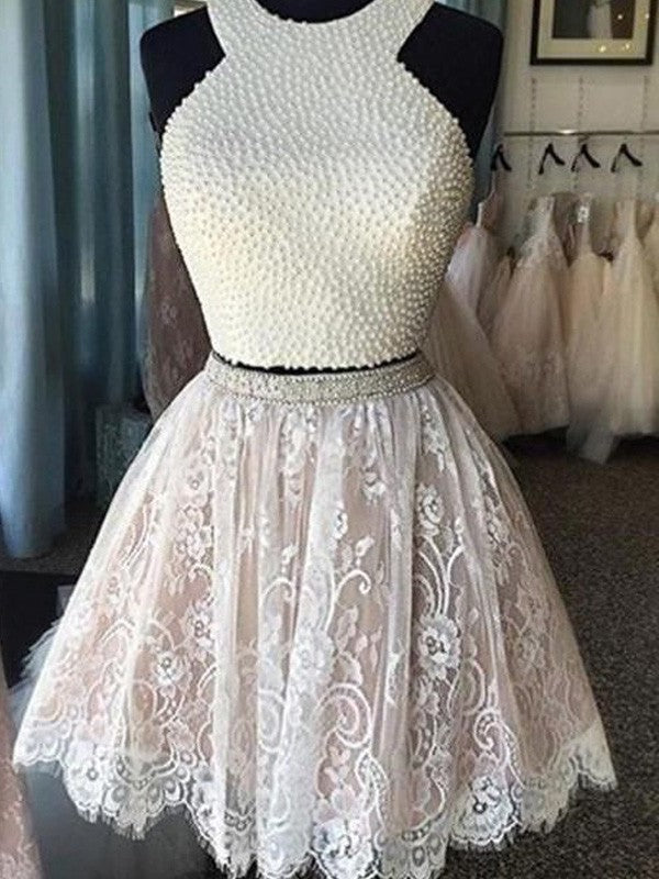 Sleeveless Lace Halter Short/Mini Pearls A-Line/Princess Two Piece Dresses