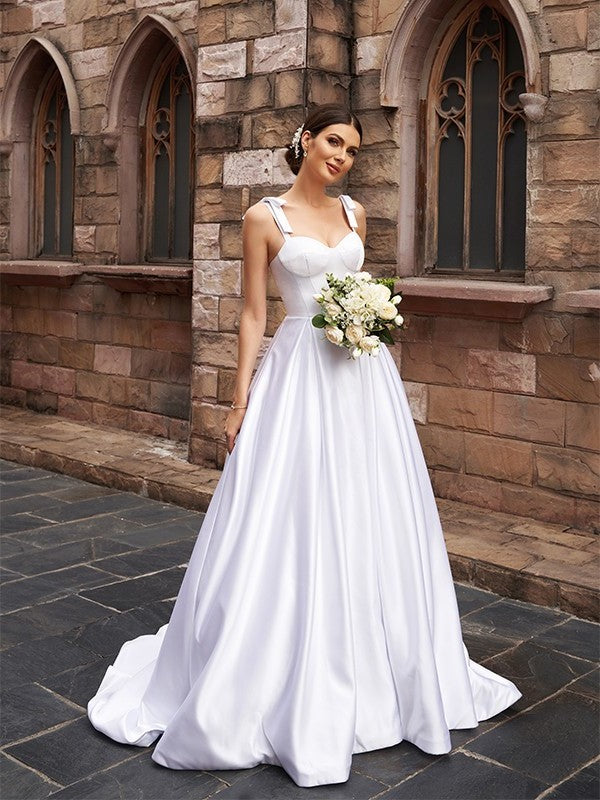 Straps Sweep/Brush Sleeveless Ruffles Satin A-Line/Princess Train Wedding Dresses