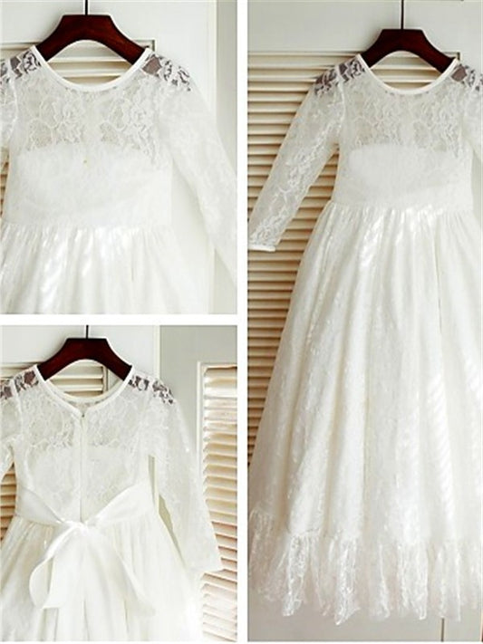 Sleeves Scoop Long Bowknot Lace A-line/Princess Ankle-Length Flower Girl Dresses