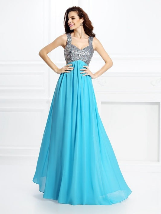 Beading A-Line/Princess Sleeveless Straps Long Chiffon Dresses