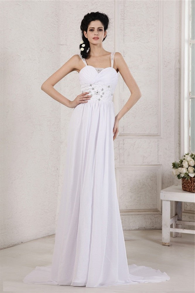 Sheath/Column Applique Beading Pleats Ruched Strap Long Spaghetti Chiffon Wedding Dresses