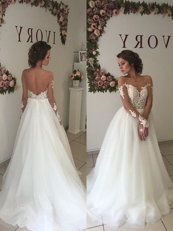 Sweep/Brush Tulle Train Long Off-the-Shoulder A-Line/Princess Sleeves Wedding Dresses