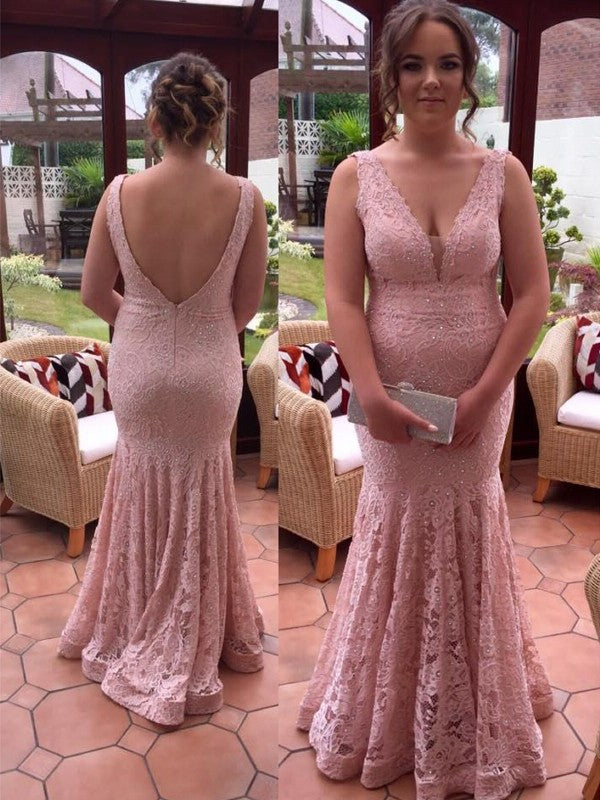 Beading Floor-Length V-neck Trumpet/Mermaid Sleeveless Lace Plus Size Dresses