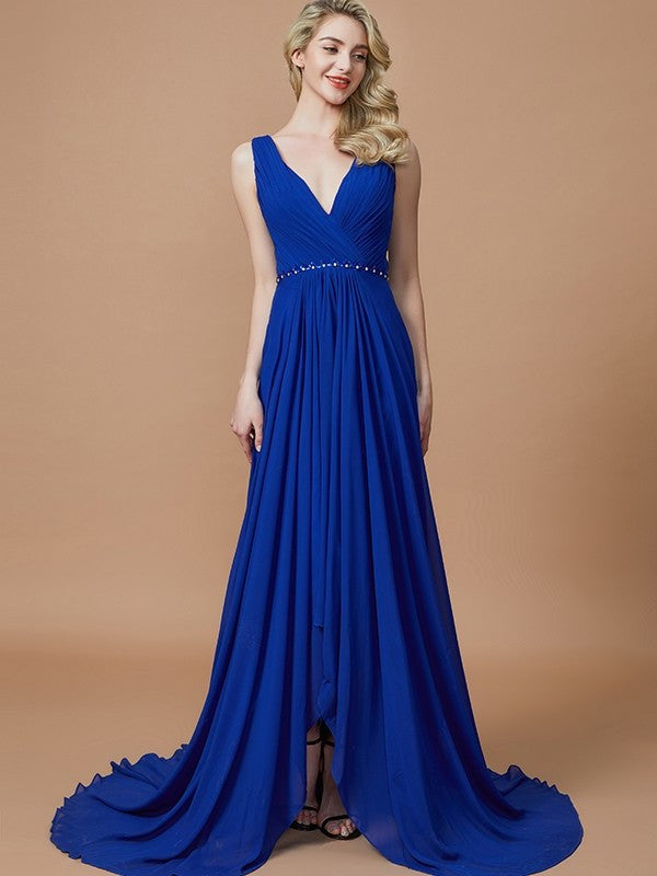 A-Line/Princess Chiffon Sweep/Brush Sleeveless V-neck Train Bridesmaid Dresses