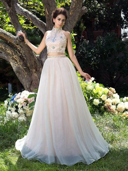 Neck Net A-Line/Princess High Beading Sleeveless Long Two Piece Dresses