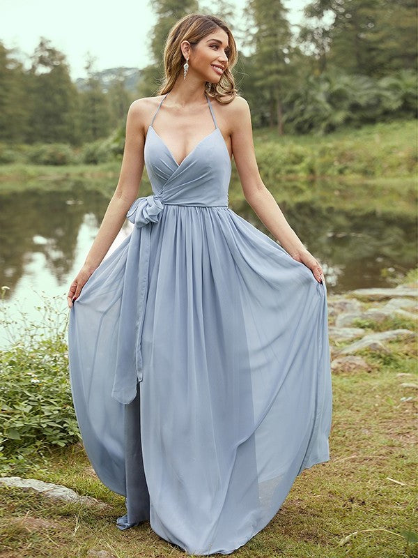 Sleeveless Sweep/Brush Ruffles V-neck Chiffon A-Line/Princess Train Bridesmaid Dresses