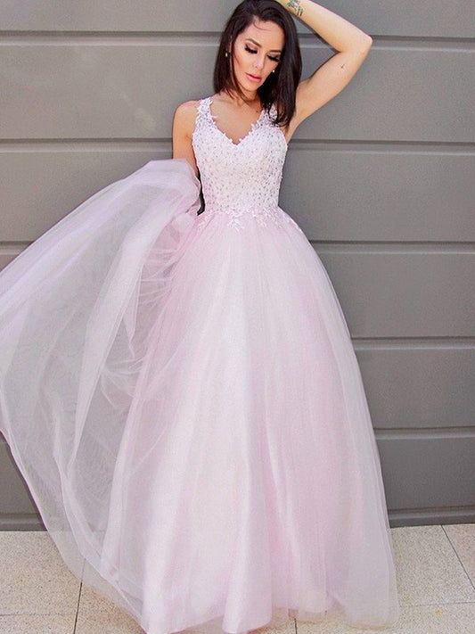 A-Line/Princess V-neck Sleeveless Applique Tulle Floor-Length Dresses