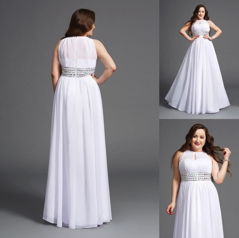 A-Line/Princess Jewel Sleeveless Long Chiffon Beading Plus Size Dresses