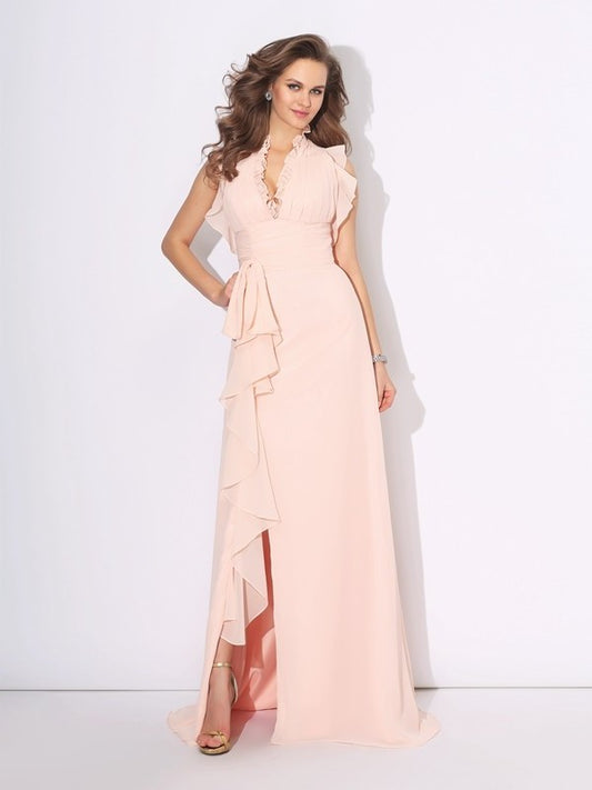 Neck Ruffles High A-Line/Princess Sleeveless Long Chiffon Dresses