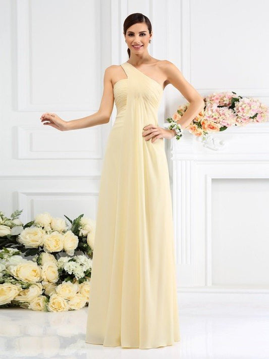 Pleats Sleeveless A-Line/Princess One-Shoulder Long Chiffon Bridesmaid Dresses