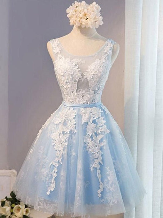 Scoop Sleeveless A-Line/Princess Tulle Applique Short/Mini Homecoming Dresses