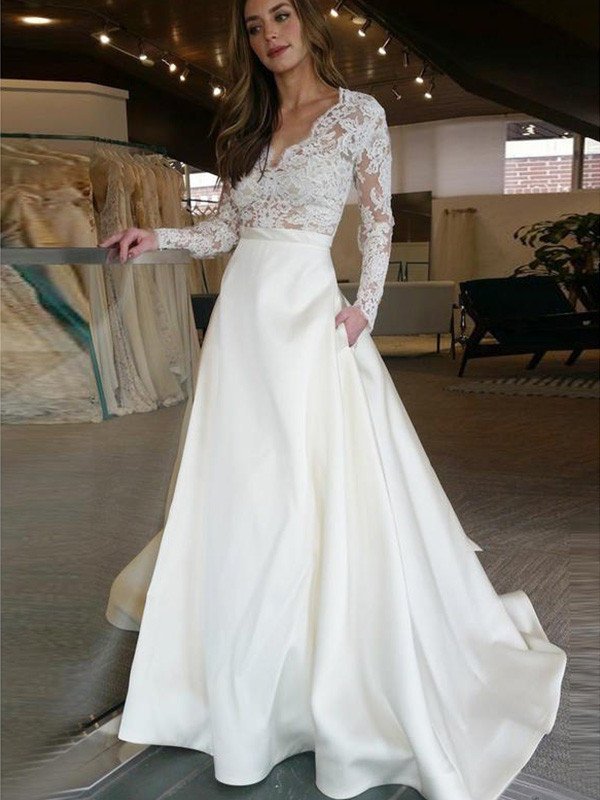 Long A-Line/Princess Train Sleeves Applique V-neck Sweep/Brush Satin Wedding Dresses