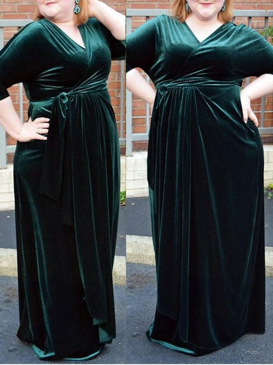 V-neck Floor-Length Sheath/Column Sleeves Velvet Ruched 1/2 Plus Size Dresses