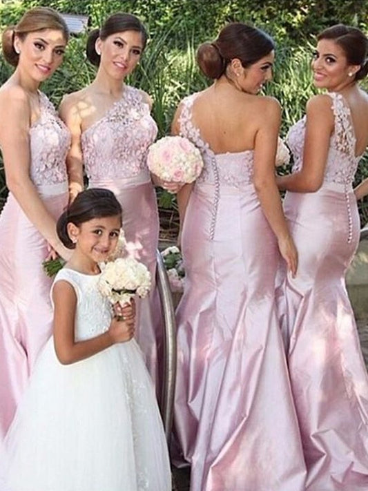 Woven Satin Sleeveless Elastic Trumpet/Mermaid One-Shoulder Floor-Length Bridesmaid Dresses