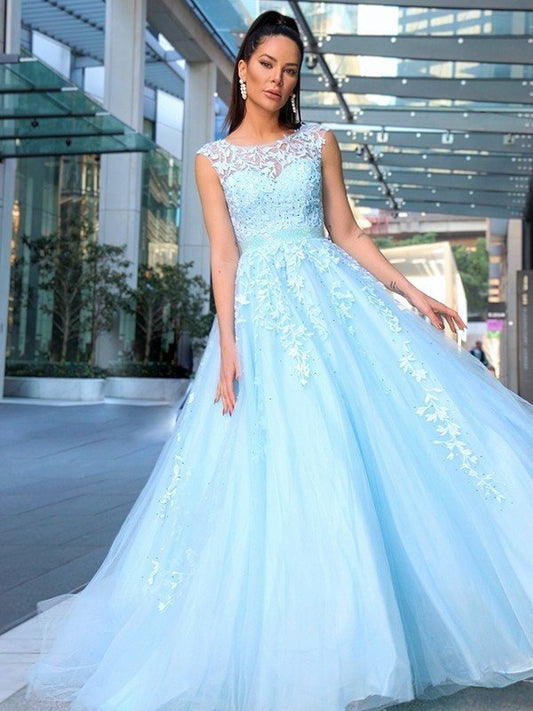 Scoop Tulle Applique Sleeveless A-Line/Princess Sweep/Brush Train Dresses