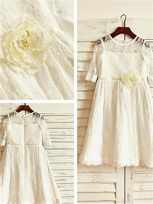 Flower Sleeves 3/4 Ankle-Length Hand-made Lace Scoop A-line/Princess Flower Girl Dresses