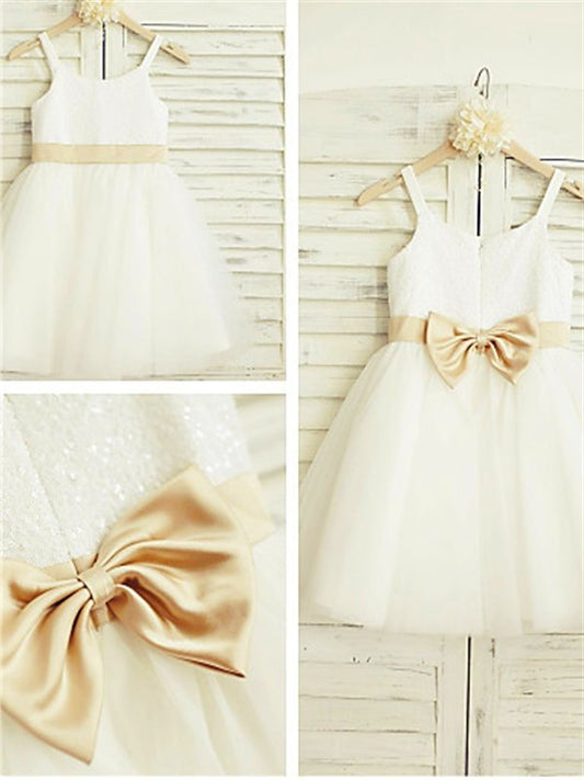 Knee-Length A-line/Princess Tulle Bowknot Straps Sleeveless Spaghetti Flower Girl Dresses