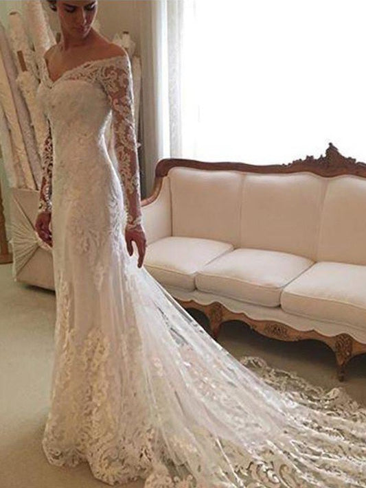 Court Sheath/Column Lace Sleeves Long Off-the-Shoulder Train Wedding Dresses