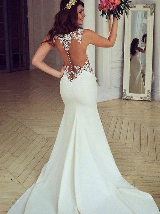 Applique Train Trumpet/Mermaid Sleeveless Sweep/Brush Scoop Lace Wedding Dresses