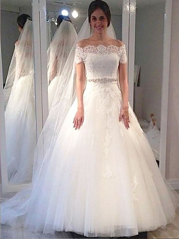 Ball Tulle Off-the-Shoulder Gown Short Sleeves Floor-Length Wedding Dresses