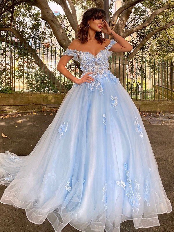 Ball Gown Sleeveless Off-the-Shoulder Applique Tulle Sweep/Brush Train Dresses