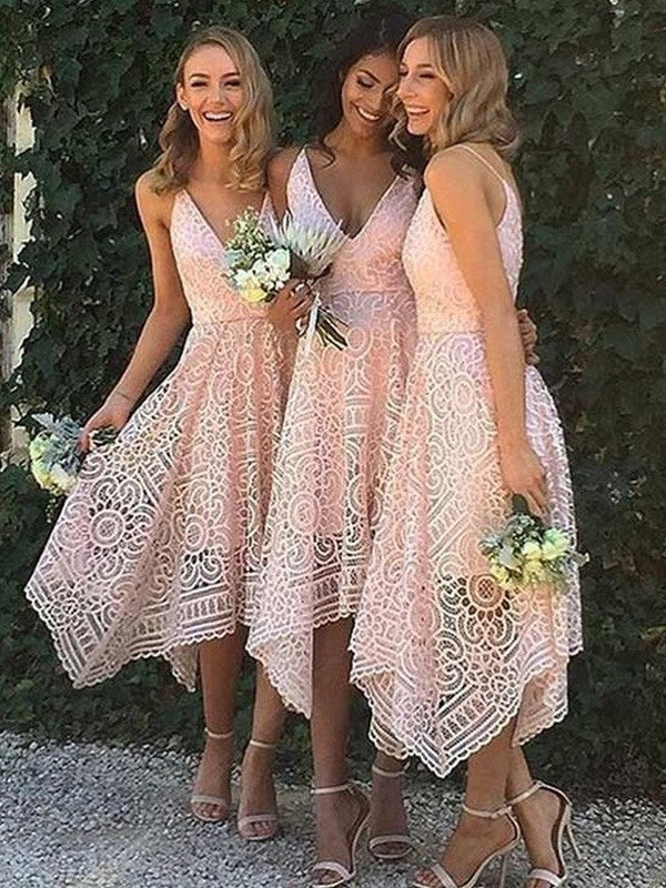 Asymmetrical V-neck A-Line/Princess Sleeveless Lace Bridesmaid Dresses