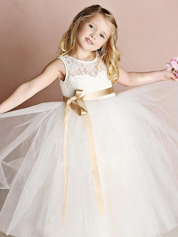 Sash/Ribbon/Belt A-Line/Princess Floor-Length Scoop Sleeveless Tulle Flower Girl Dresses