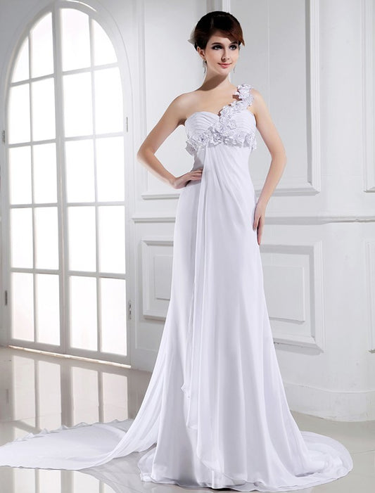 A-Line/Princess Hand-made One-shoulder Beading Flower Sleeveless Chiffon Wedding Dresses