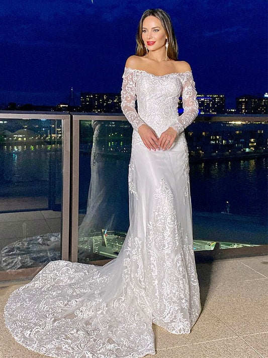 Off-the-Shoulder Sheath/Column Lace Sleeves Court Long Train Wedding Dresses