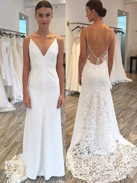 Lace Satin Sheath/Column Straps Sweep/Brush Spaghetti Sleeveless Train Wedding Dresses