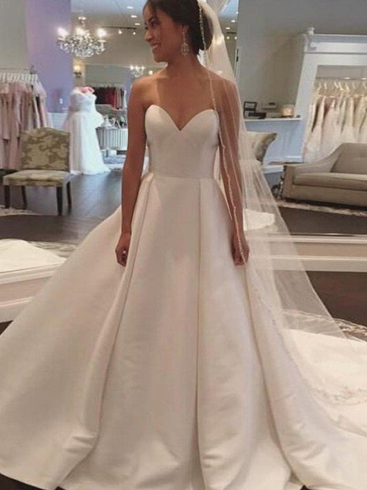 Sweetheart Court Ball Gown Train Sleeveless Satin Wedding Dresses