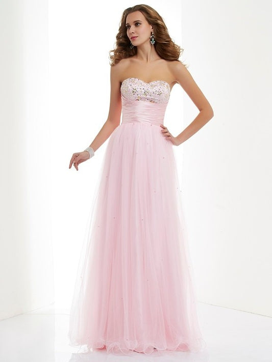 Elastic Long Sweetheart Sleeveless A-Line/Princess Beading Woven Satin Dresses