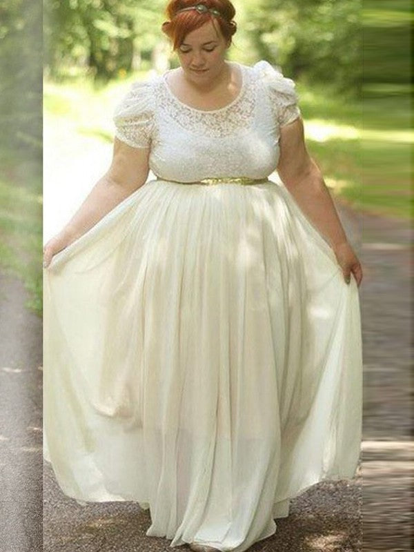 A-Line/Princess Floor-Length Lace Scoop Chiffon Short Sleeves Plus Size Dresses