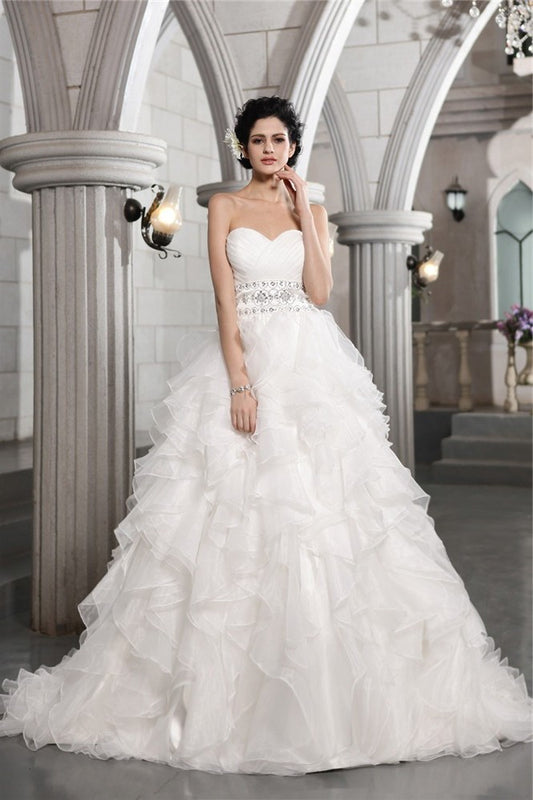 Long Ball Gown Sweetheart Sleeveless Beading Organza Wedding Dresses