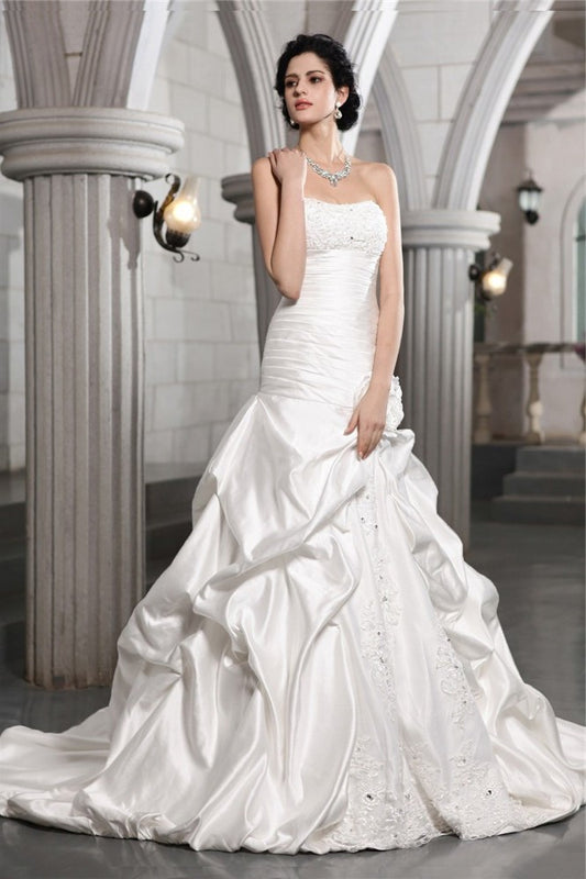 Beading Sleeveless Flower Strapless Applique Hand-Made A-Line/Princess Long Satin Wedding Dresses