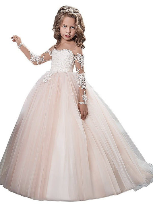 Tulle Sleeves Scoop Long Sweep/Brush Ball Gown Train Flower Girl Dresses