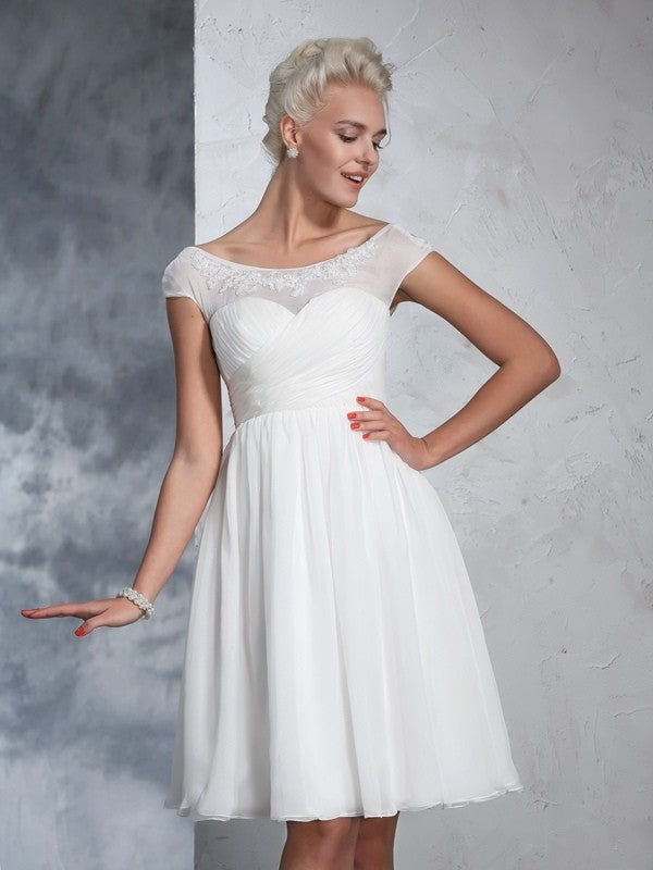 Ruched A-Line/Princess Short Sheer Short Neck Sleeves Chiffon Wedding Dresses