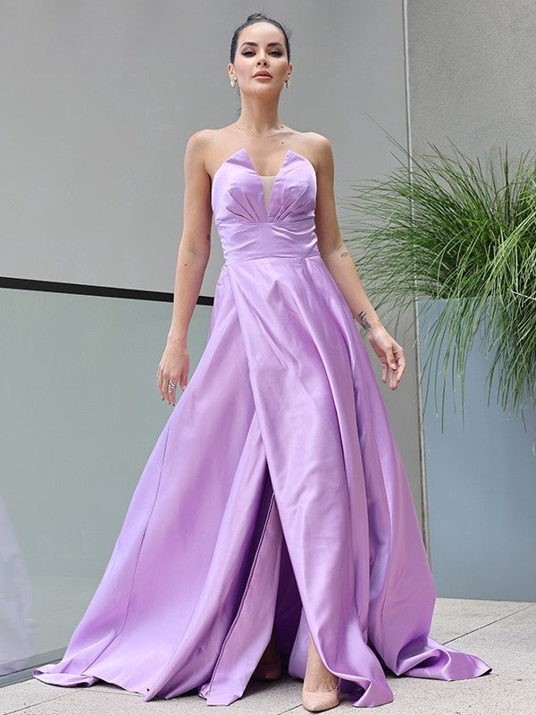 Satin Sleeveless Ruffles Sweetheart A-Line/Princess Sweep/Brush Train Dresses