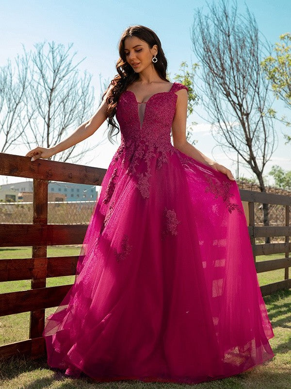 V-neck Tulle Applique A-Line/Princess Sleeveless Floor-Length Dresses