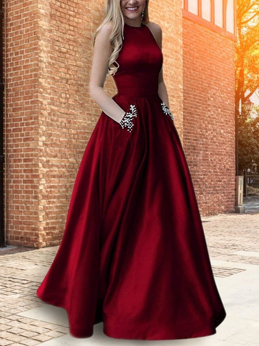 Floor-Length Halter Sleeveless A-Line/Princess Beading Satin Dresses