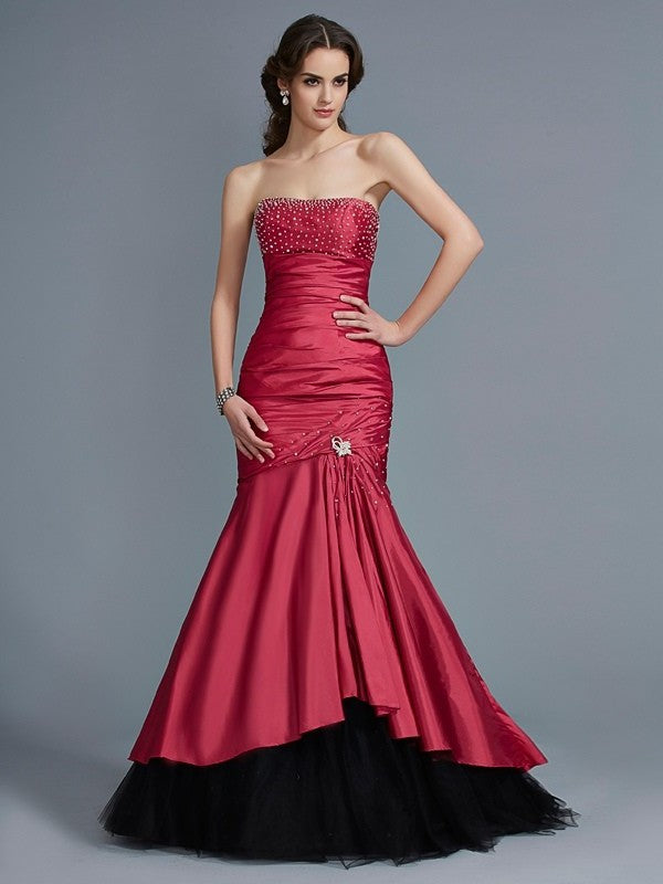 Sleeveless Beading Trumpet/Mermaid Strapless Long Taffeta Dresses