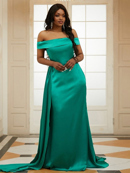 Satin Silk Ruffles Sheath/Column like Sleeveless Off-the-Shoulder Sweep/Brush Train Dresses